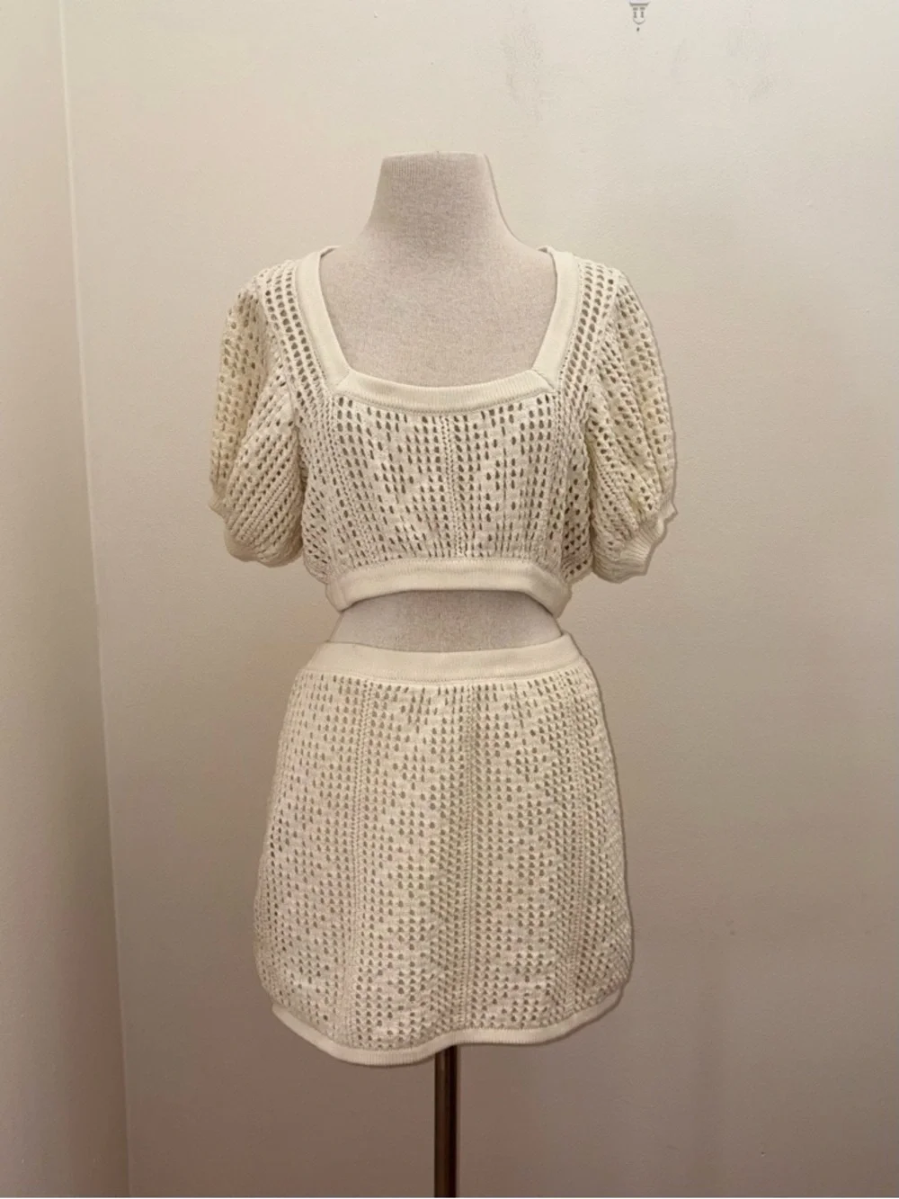 Sabo Lux Cotton Kimmi Beige Crochet Crop Top & Skirt Set Large Festival Bohemian - Picture 2 of 13